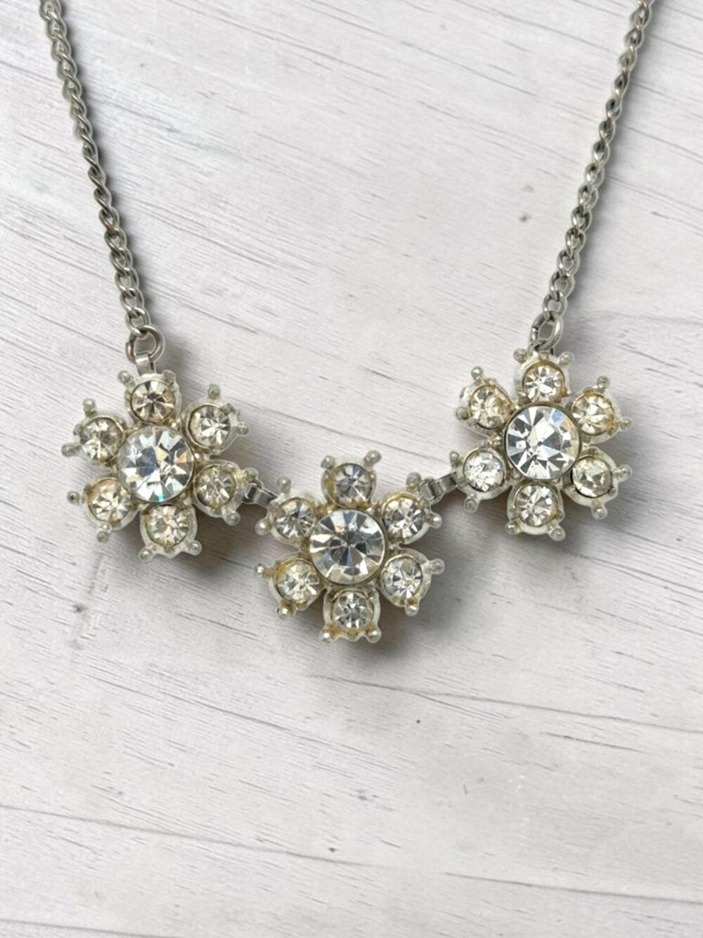 Vintage Silver-Tone Rhinestone Flower Necklace